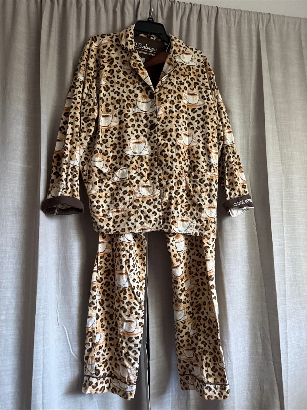 P.J. Salvage Leopard & Coffee Cup Kids Pajama Set - Brown Cream